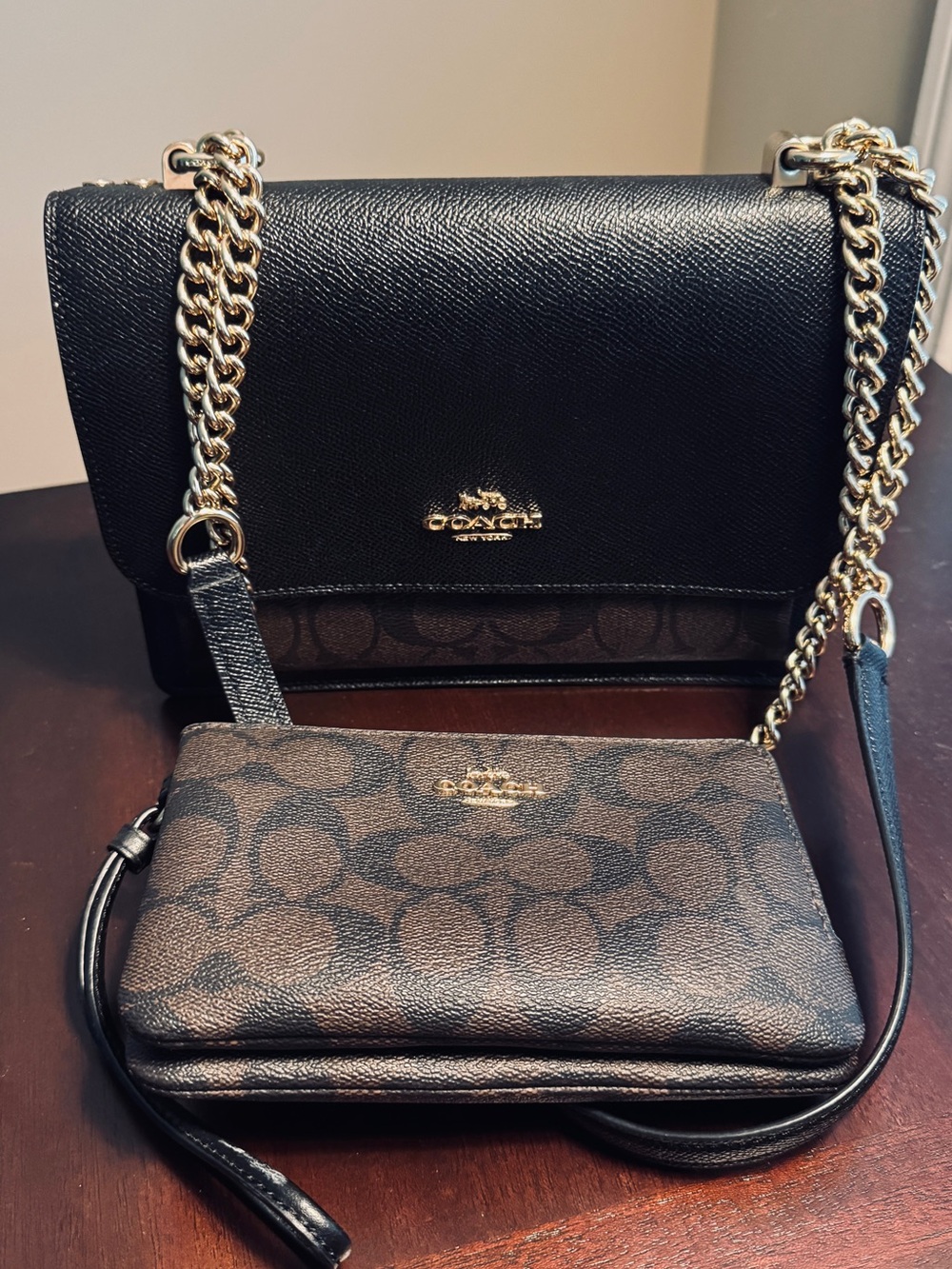 Coach Klare Black  & Brown Signature Canvas Chain  Bag with Wristlet